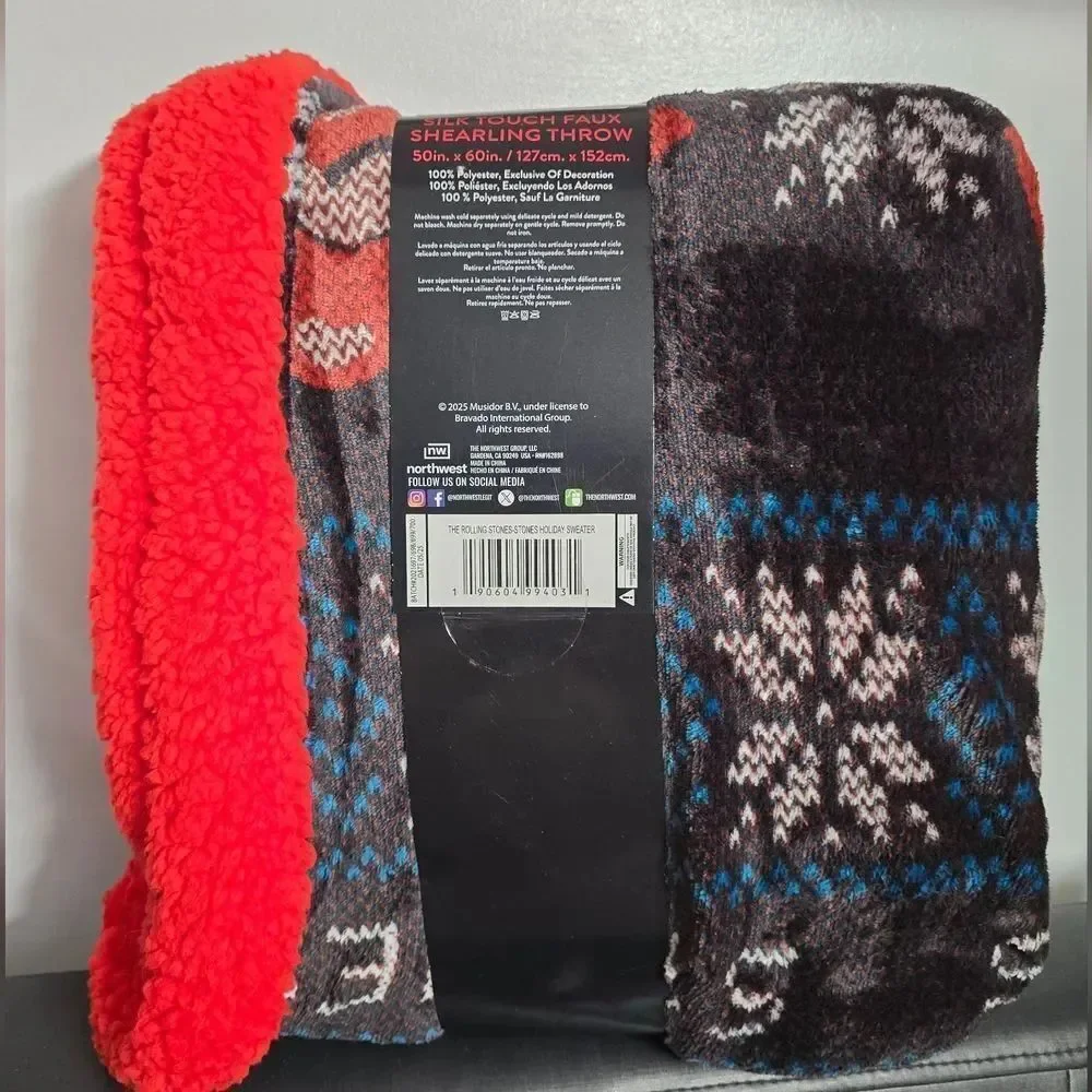 NEW The Rolling Stones Holiday Sweater Sherpa Lined THROW BLANKET 50in x 60 in